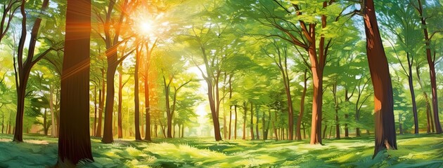 Forest sunrise. Captivating image transports into heart of nature. Light of morning sun bathes forest in warm and ethereal glow