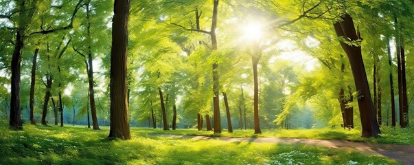 Fototapeta na wymiar Forest sunrise. Captivating image transports into heart of nature. Light of morning sun bathes forest in warm and ethereal glow
