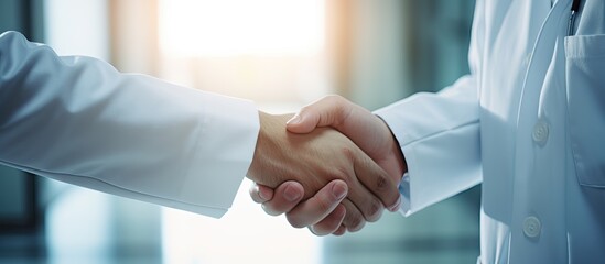 Medical professionals and patients greet and show gratitude with a handshake, promoting health and providing care at the clinic. - obrazy, fototapety, plakaty