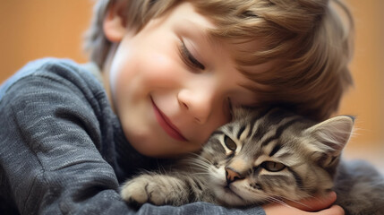 copy space, stockphoto, realistic, National Love Your Pet Day. Little boy hugging his cat. Peaceful scene. Love and friendship between an animal, cat and boy, owner.