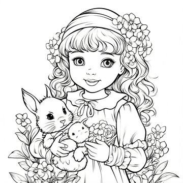 Little girl with a bunny. Easter coloring page for kids
