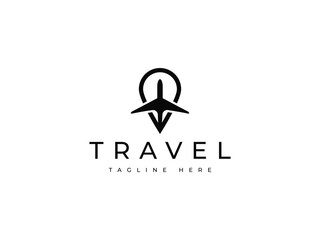 travel pin plane logo design - obrazy, fototapety, plakaty