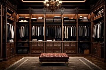 Elegant Luxury male wardrobe interior. Fashion storage. Generate Ai