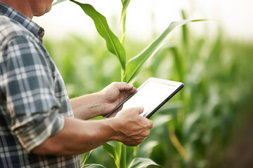 Male farmer using digital tablet computer with blank white desktop screen in cultivated corn field. Smart farming and digital agriculture. Technology agriculture farming concept. 
