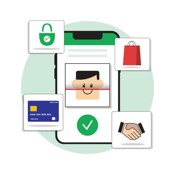 Vector illustration of online shopping with secure face verification to make purchases and payments. Smartphone, shopping bag, credit card, face verification, lock, hand.
