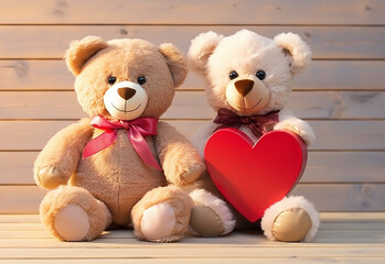 Teddy bear holding a heart-shaped pillow with plank