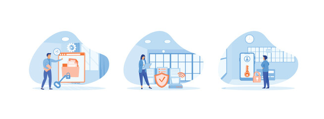 Characters using Security Services to Protect Personal Data, performs Cloud Shared Documents security, Server Security and Data Protection. Cyber security set flat vector modern illustration