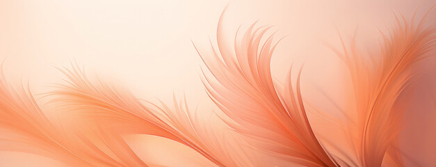 Peach Fuzz color feathers.Banner. Copy space for text.Wallpaper or presentation backdrop. - obrazy, fototapety, plakaty