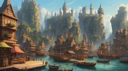 Fototapeten Fantasy Worlds : Imaginative and well-executed illustrations of fantastical, Ancient harbor market © Usman