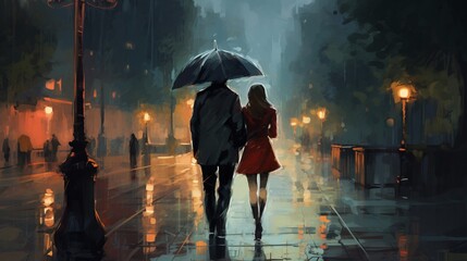 Man and woman with umbrella walking in the city. Digital painting.