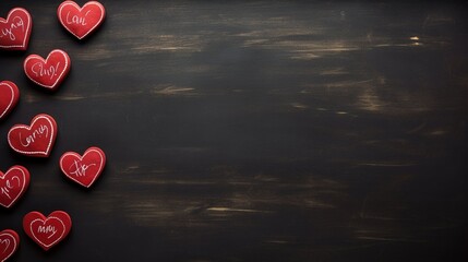 Valentine's day background with red hearts on dark wooden background.
