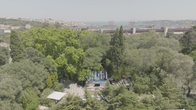 Lisbon, Portugal - A Daytime Perspective of the Keil do Amaral Amphitheater - Drone Flying Forward