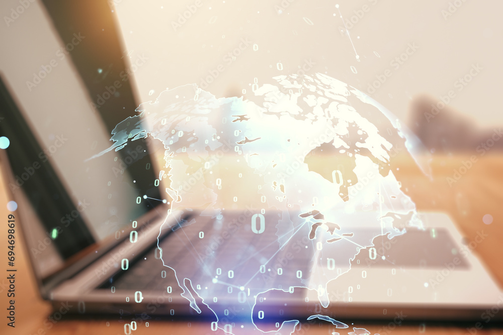 Poster multi exposure of abstract software development hologram with world map on laptop background, global