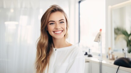 Fototapeta premium Pretty confident smile woman doctor at bright clinic
