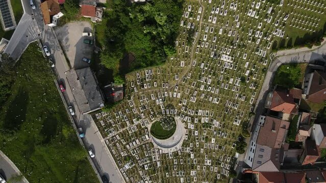 Aerial view of Alija Izzet Begovic cemetery in Bosnia, mausoleums built for dead people