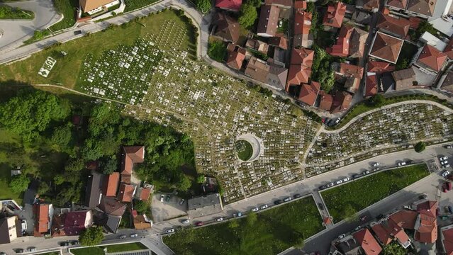 Aerial drone view of mausoleums built for people who died in the war, view of the cemetery built in the middle of the city
