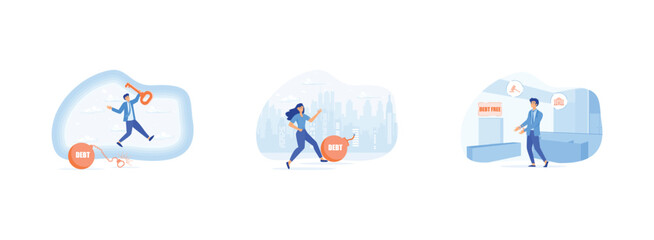 Happy businessman holding golden key after unlock debt burden chain, kicking debt bomb ball away like as soccer ball, financial independence with victorious gesture. Debt Free set flat vector modern i