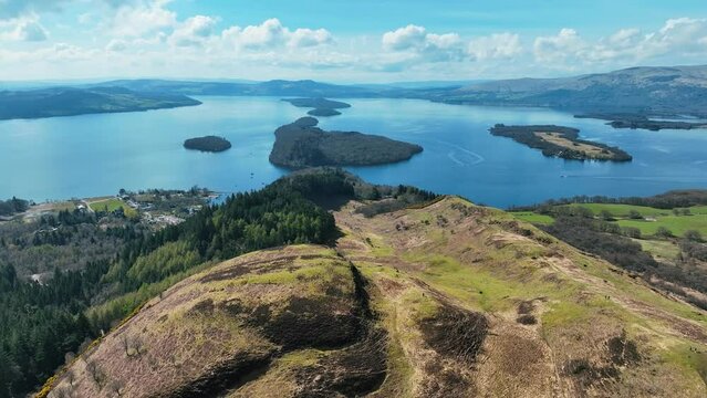 Aerial of Loch Lomond From Conic Hill, Beautiful Scottish Landscape in Scottish Highlands, Scotland, United Kingdom