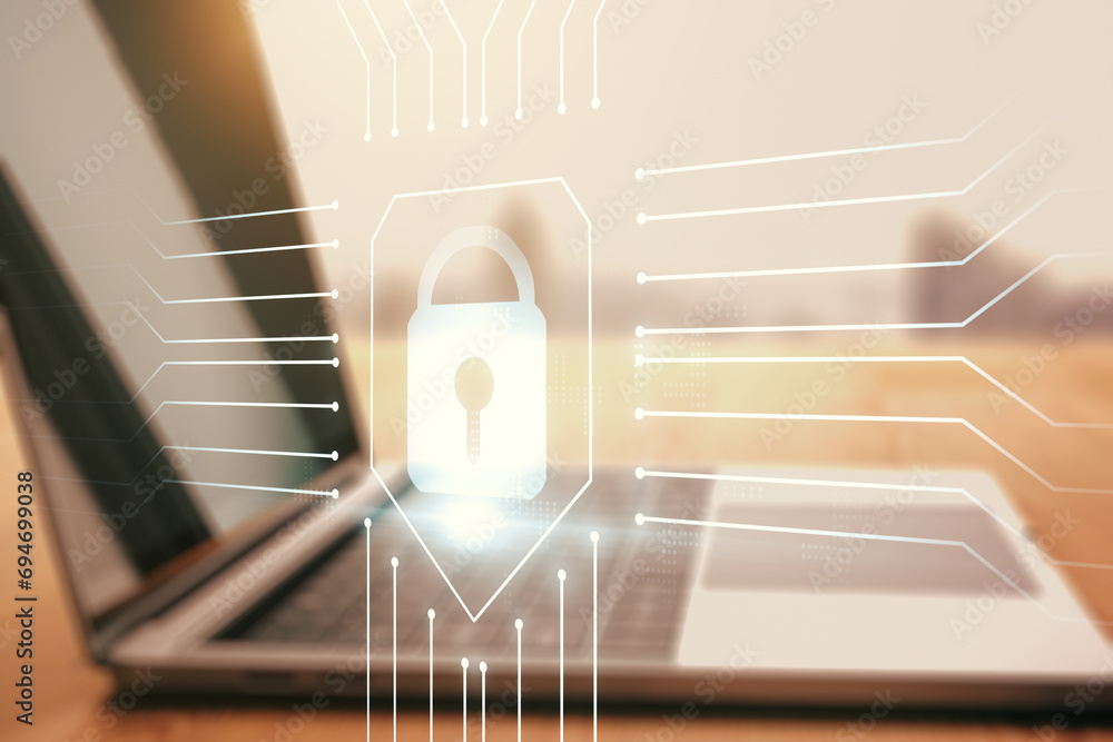 Poster creative light lock illustration with microcircuit on modern computer background, cyber security con