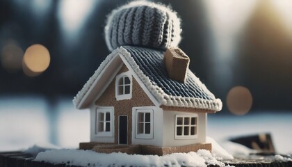  house in winter - heating system concept and cold snowy weather with model of a house wearing a knitted cap - obrazy, fototapety, plakaty