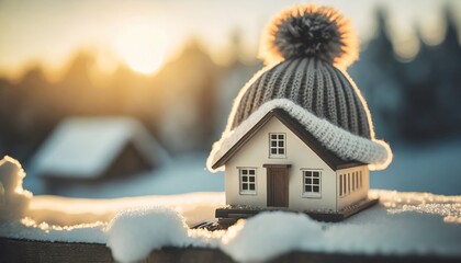  house in winter - heating system concept and cold snowy weather with model of a house wearing a knitted cap - obrazy, fototapety, plakaty