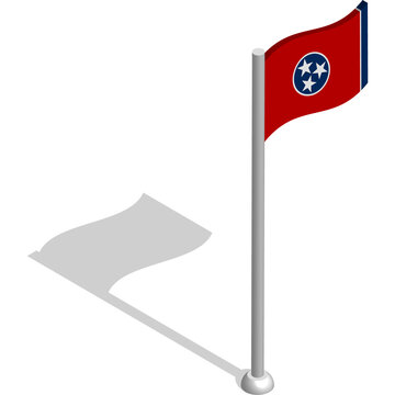 Isometric flag of american state of TENNESSEE in motion on flagpole. National banner flutters in wind. PNG image on transparent background