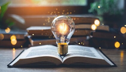  light bulb glowing on book, idea of ​​inspiration from reading, innovation idea concept, Self learning or education knowledge and business studying concept - obrazy, fototapety, plakaty