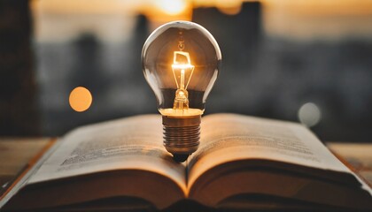  light bulb glowing on book, idea of ​​inspiration from reading, innovation idea concept, Self learning or education knowledge and business studying concept