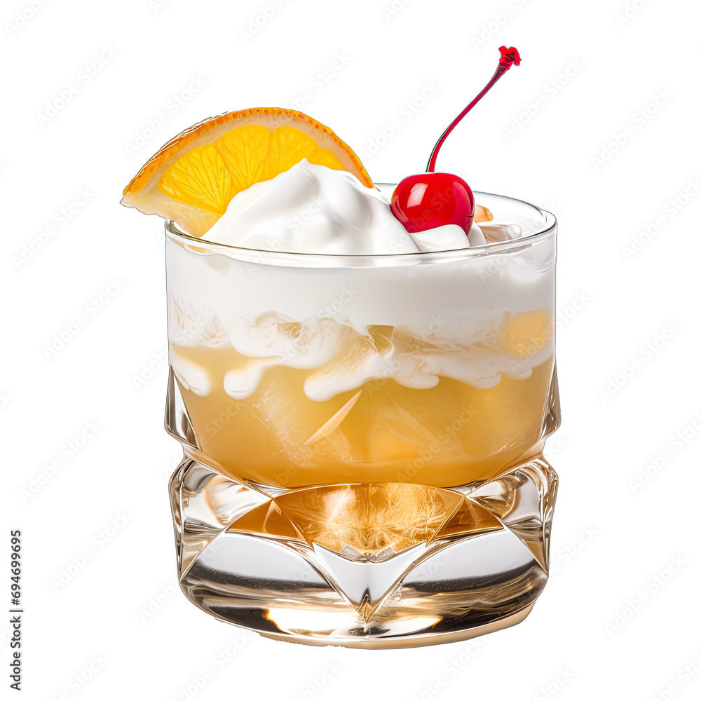 Wall mural whiskey sour in an old. fashioned glass topped with a frothy layer. it's a deep golden amber garnish