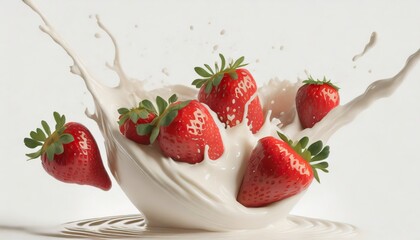  milk or yogurt splash with strawberries isolated on white background 