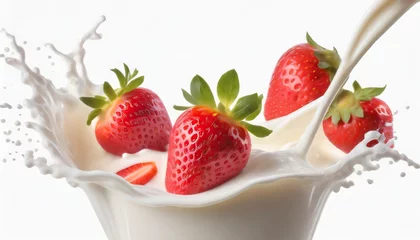 Foto op Plexiglas  milk or yogurt splash with strawberries isolated on white background  © Marko