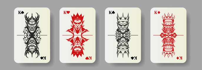 Set of playing cards, Kings Spades Hearts Clubs Diamonds. Portraits of evil royal demons. Collection of graphic scary royal faces. - obrazy, fototapety, plakaty