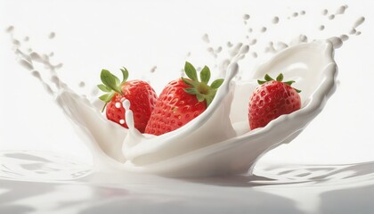  milk or yogurt splash with strawberries isolated on white background 