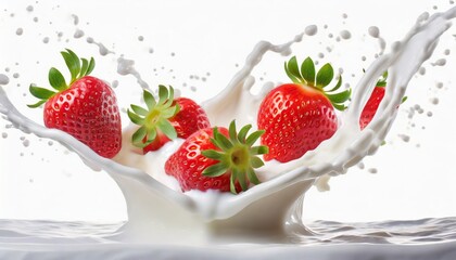  milk or yogurt splash with strawberries isolated on white background 