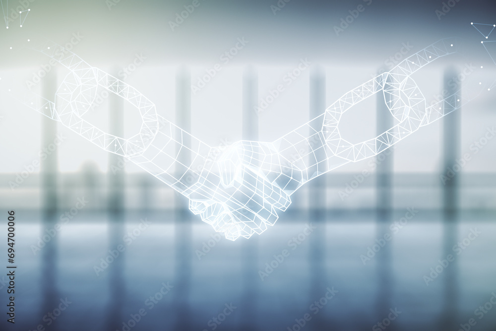 Poster abstract virtual blockchain technology hologram with handshake on empty corporate office background.