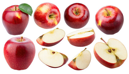  Red apple apples, many angles and view side top sliced halved cut isolated on transparent background cutout 