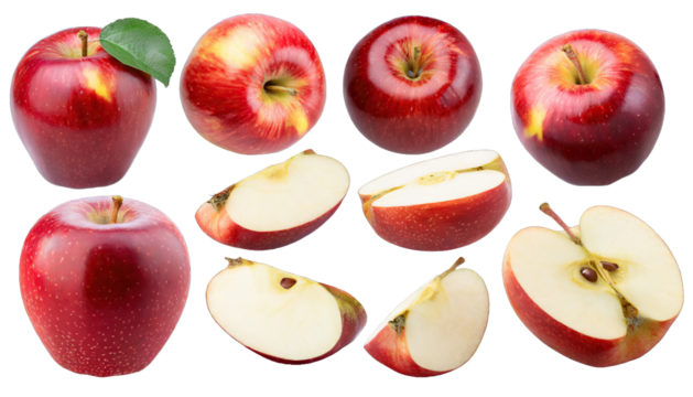  Red apple apples, many angles and view side top sliced halved cut isolated on transparent background cutout 