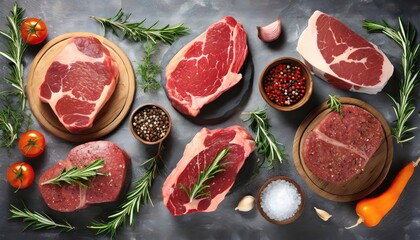  Set of different raw steaks, top view