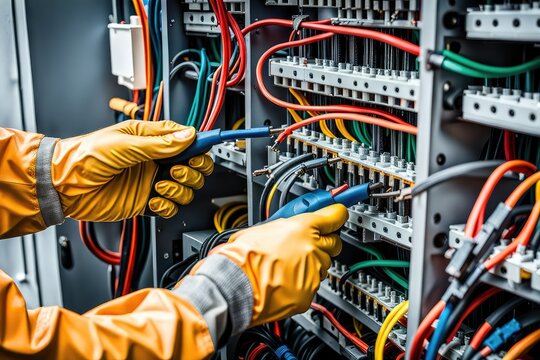 An electrician specialist connects the wires
