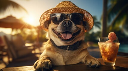 Cute dog in a hat and sunglasses is resting on the beach. Stylish dog in a hat on vacation at sea.  Funny puppy tourist. - obrazy, fototapety, plakaty