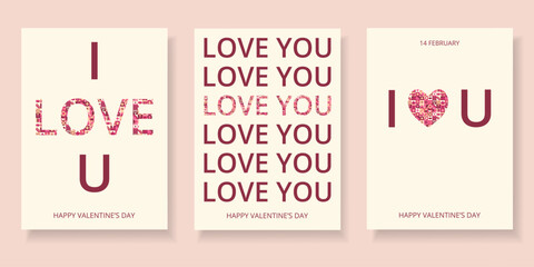 Set posters of abstract geometric shapes and text. Creative concept of Happy Valentines Day. Background of icons with symbol of love. Trendy design for card or poster, advertising, sales, branding.
