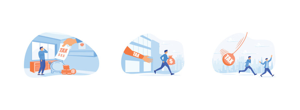 Tax burden or debt to pay for income tax, Businessman running away from tax for tax, financial crisis in tax burden. Tax burden set flat vector modern illustration 