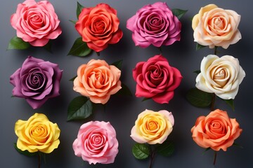 set of flowers, multicolored roses with leaves on black