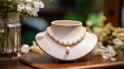 pearl necklace in accessories store, jewerly presentation