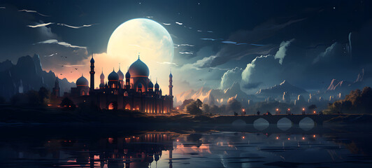 Eid Mubarak, Eid al-Fitr and Ramadan. Illustrations of a holiday, an evening mosque with a crescent moon, for banner background - obrazy, fototapety, plakaty