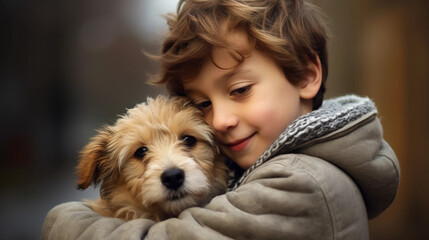 copy space, stockphoto, realistic, National Love Your Pet Day. Little boy hugging his dog. Peaceful scene. Love and friendship between an animal, dog and boy, owner.