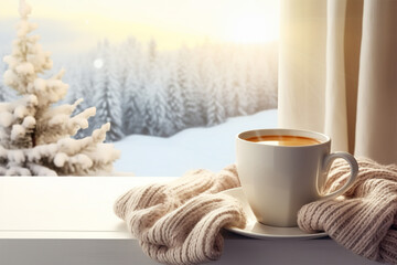 窓辺に置かれたコーヒーと雪景色 - obrazy, fototapety, plakaty
