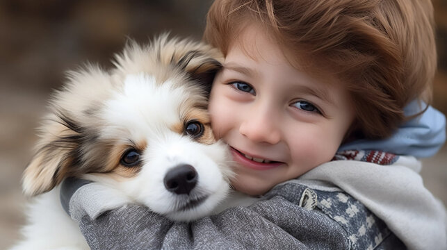 copy space, stockphoto, realistic, National Love Your Pet Day. Little boy hugging his dog. Peaceful scene. Love and friendship between an animal, dog and boy, owner.