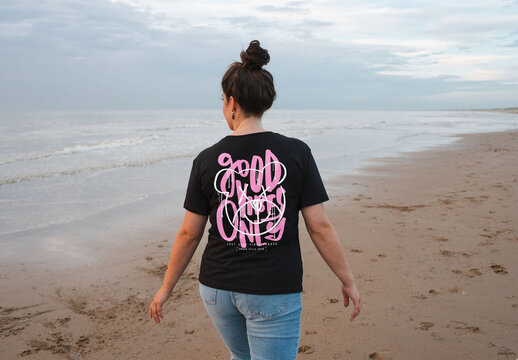 Mockup of woman wearing t-shirt, customized design by coast