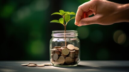 hand holding coin over stacked coins,Tree growing in a jar